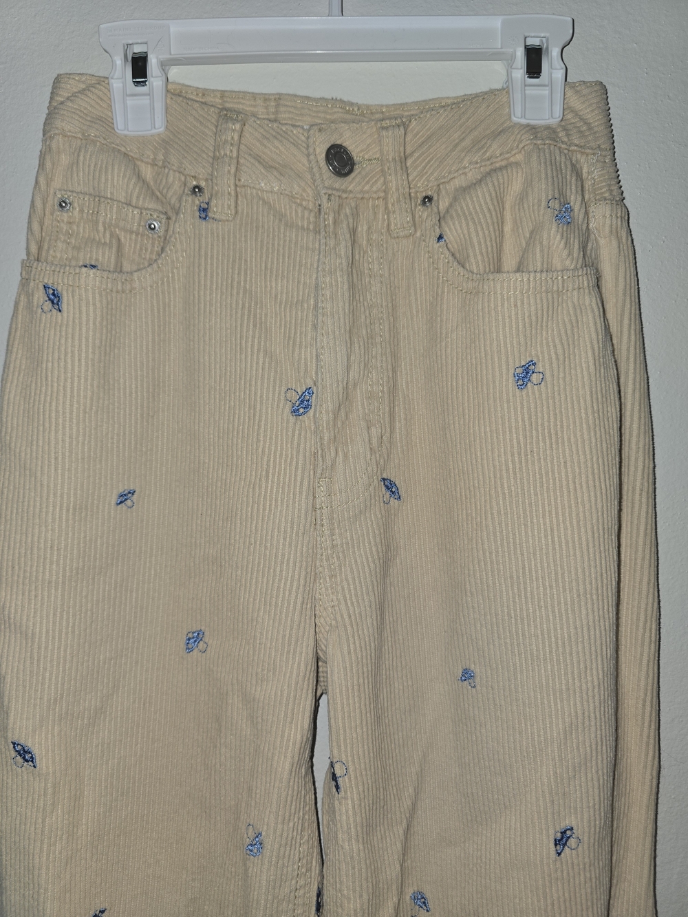 PacSun Beige Corduroy Boyfriend Jeans with Blue Embroidery